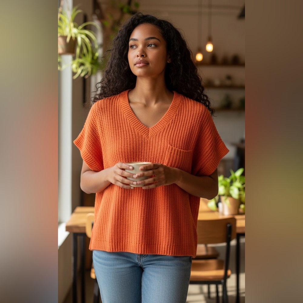 Oversized Cropped Knit Short Sleeve V- Neck Sweater by Greige